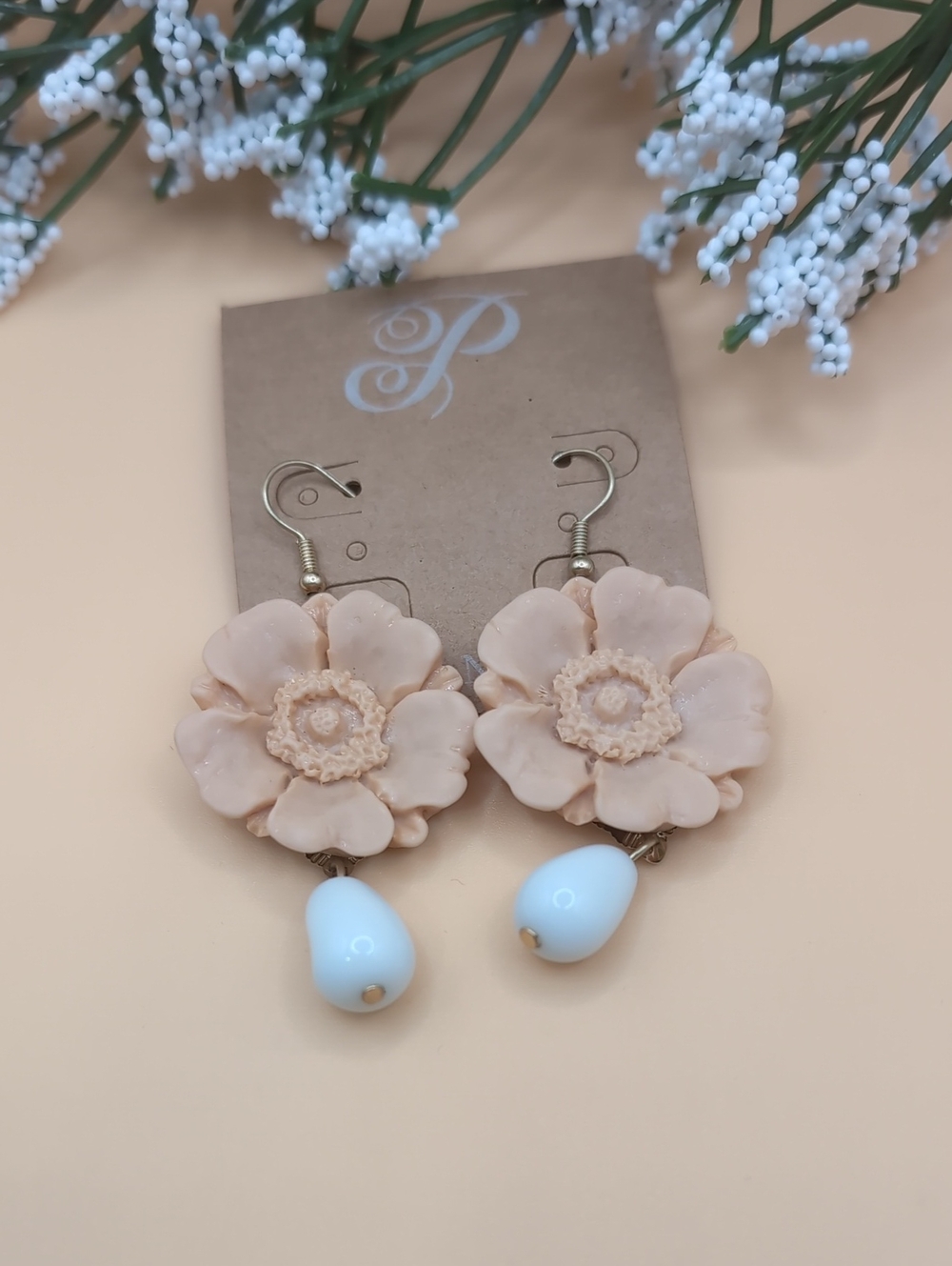 Plunder Delicate Peach Blush Floral Drop Earrings with White Teardrop Beads
